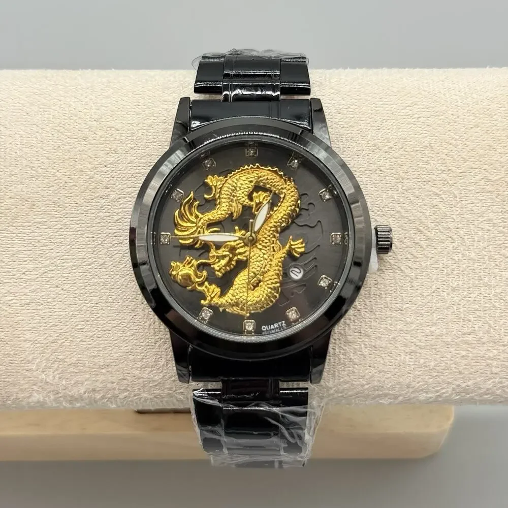 Mens All Black Metal Watch 3D Gold Dragon Sculpted Dial Rhinestone Indices New